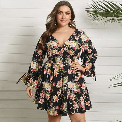 JuliaFashion-Long Sleeve V-Neck Sexy Floral Printed Mini Sundress