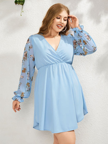 JuliaFashion - 2024 Puff Sleeve Floral Print V-neck Curved Hem Dresses