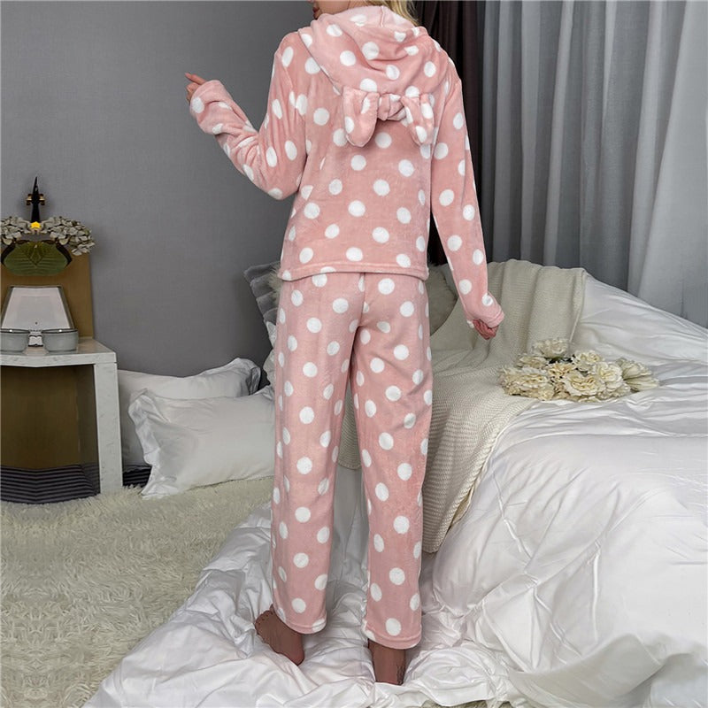 JuliaFashion-Hooded Rabbit Ear Winter Warm Flannel Pajama