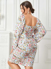 JuliaFashion-Long Puff Sleeve Square Neck Print Mini Sundress