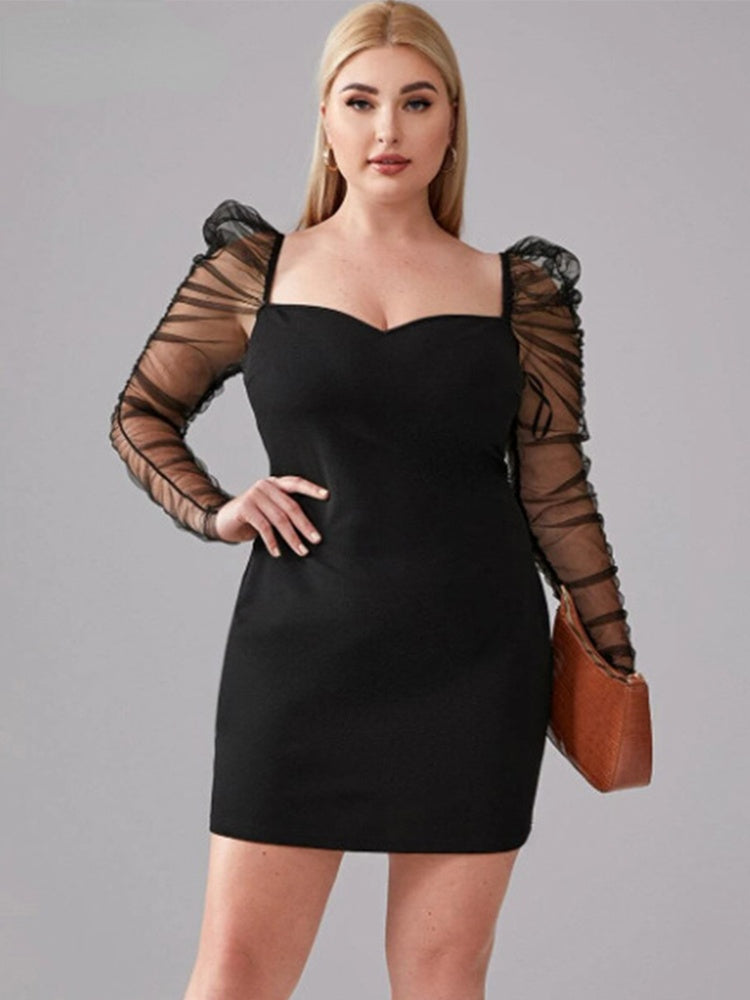 JuliaFashion-Mesh Long Sleeve Bodycon Curvy Party Dress