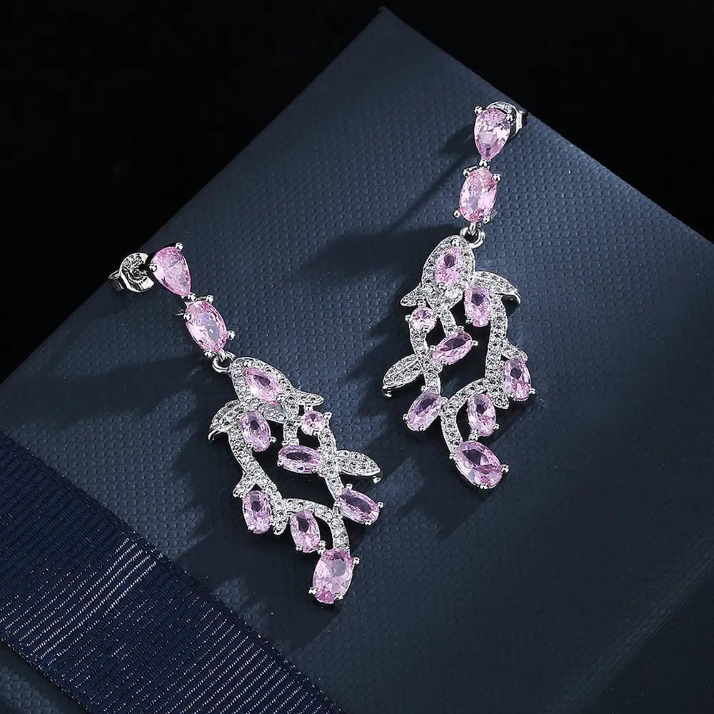 JuliaFashion-Luxury Pink Zirconia Leaf Earrings