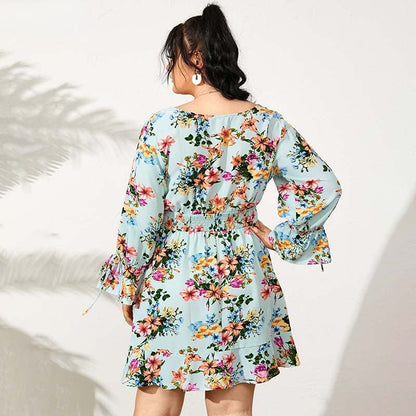 JuliaFashion-Long Sleeve V-Neck Sexy Floral Printed Mini Sundress