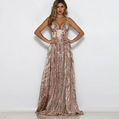 JuliaFashion - 2024 V-Neck Sequined Backless Sexy Side Split Dress