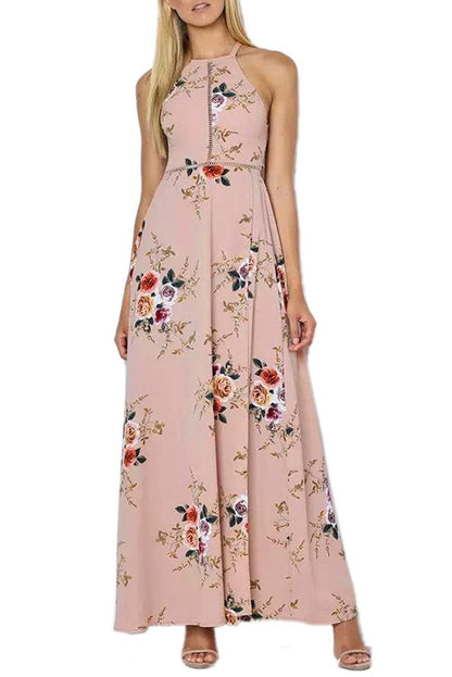 JuliaFashion-Apricot Floral Cutout Back Halter Split Maxi Boho Dress