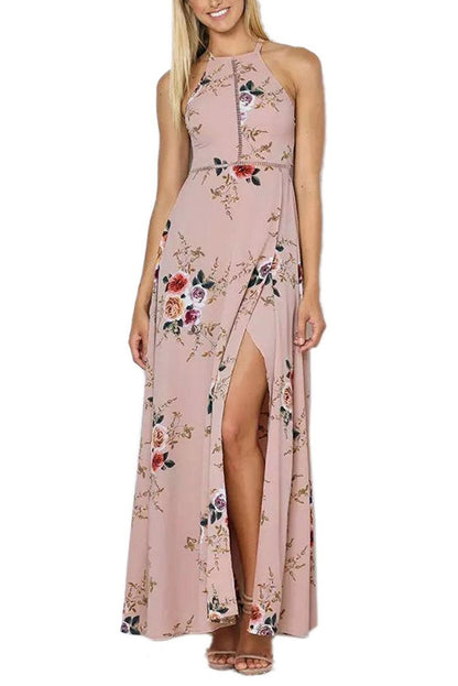 JuliaFashion-Apricot Floral Cutout Back Halter Split Maxi Boho Dress