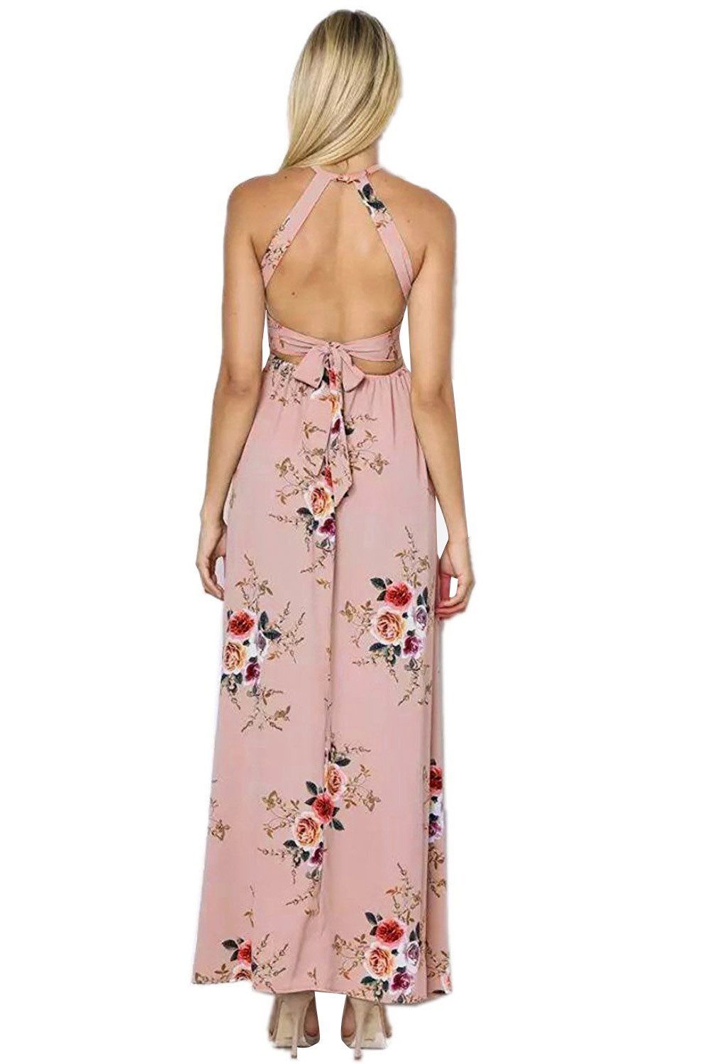 JuliaFashion-Apricot Floral Cutout Back Halter Split Maxi Boho Dress