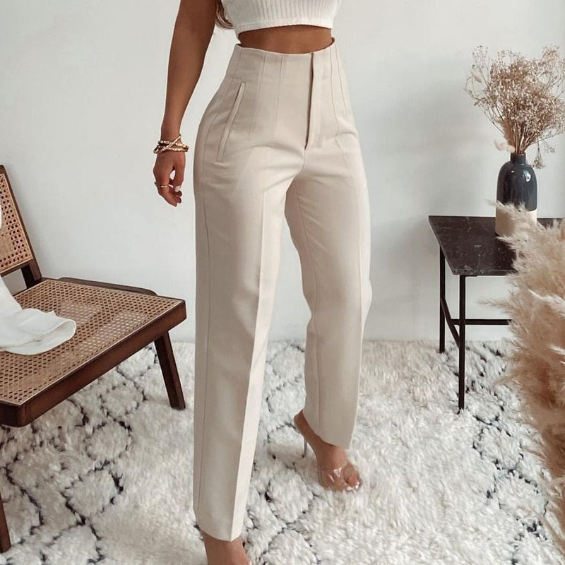 JuliaFashion-Fashion High Waisted Casual White Trousers