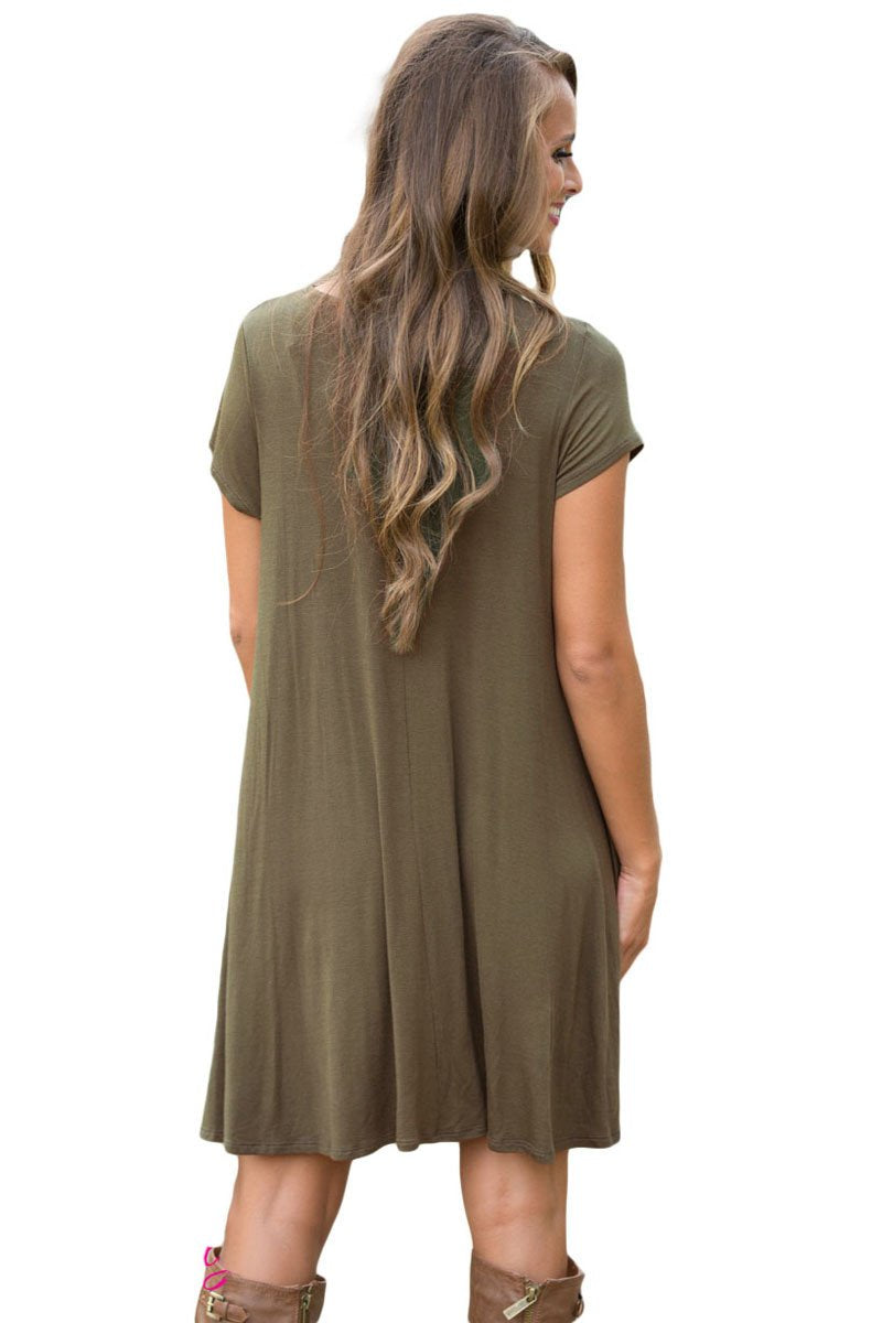 JuliaFashion-Army Green Short Sleeve Flared Dress