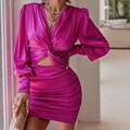 JuliaFashion-Lantern Sleeve Satin Party Club Dresses