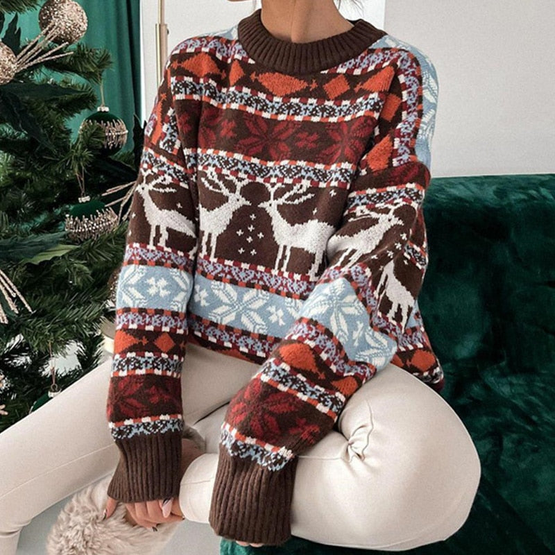 JuliaFashion-Autumn Casual Snowflake Print Christmas Sweater Women Fashion O-Neck Knitted Top Pullover