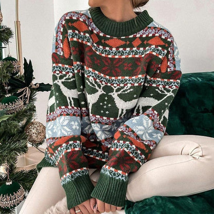 JuliaFashion-Autumn Casual Snowflake Print Christmas Sweater Women Fashion O-Neck Knitted Top Pullover