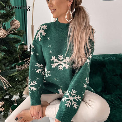 JuliaFashion-Autumn Casual Snowflake Print Christmas Sweater Women Fashion O-Neck Knitted Top Pullover