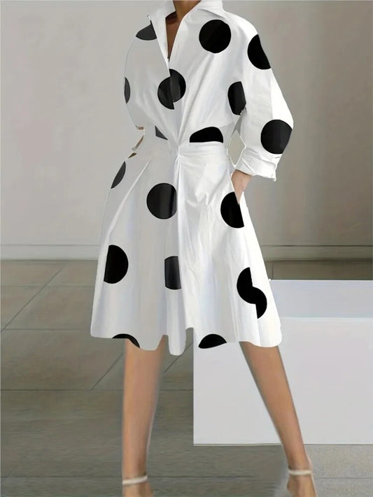 JuliaFashion-Elegant White Dot Print Mid-length Dress