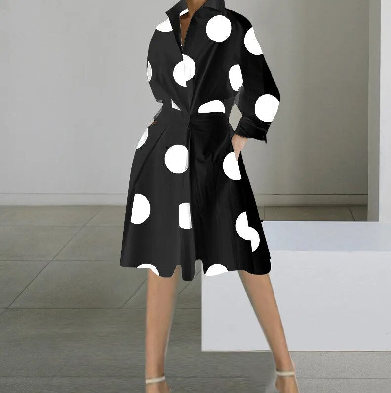 JuliaFashion-Elegant White Dot Print Mid-length Dress