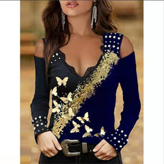 JuliaFashion - 2024 Women Sexy V Neck Lace Off Shoulder Butterfly Print T-Shirts