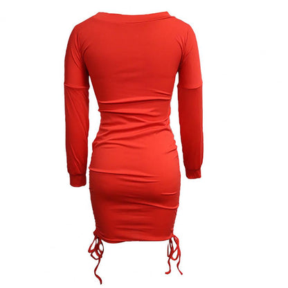 JuliaFashion-Autumn Pencil Dress High-Waist Christmas Shirring Ruched Hip Wrap Xmas Bodycon Female Clothing