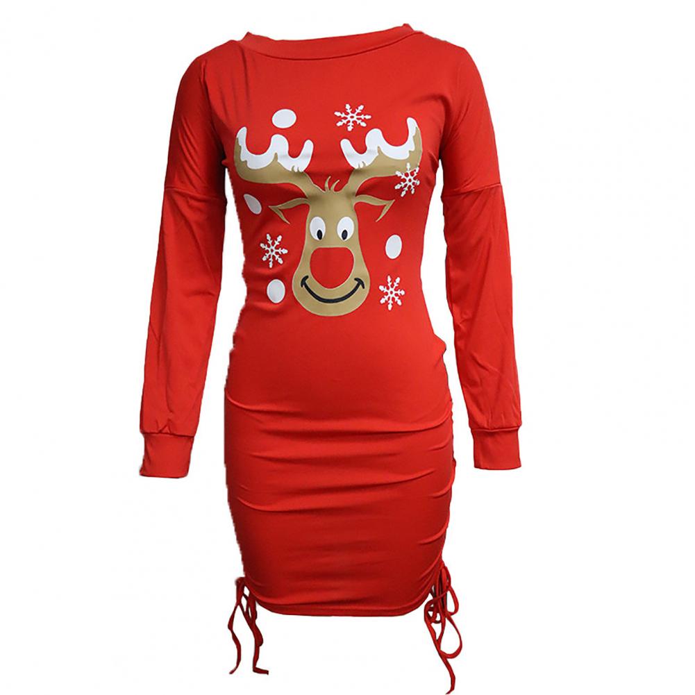 JuliaFashion-Autumn Pencil Dress High-Waist Christmas Shirring Ruched Hip Wrap Xmas Bodycon Female Clothing