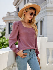 JuliaFashion - 2024 Waffle Pattern Square Collar Long Sleeve Oversized T Shirt