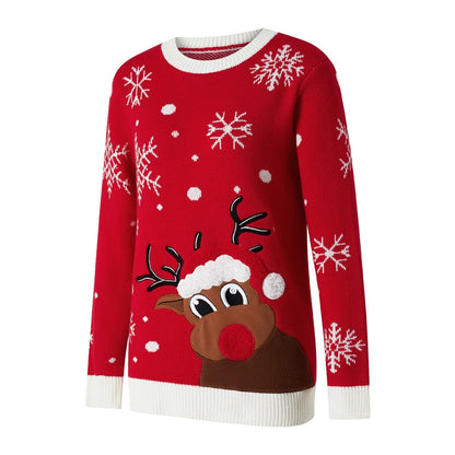 JuliaFashion - 2024 Winter Christmas Adults Sweater Snowflake Elk Print Crew Neck Long Sleeve Knitwear