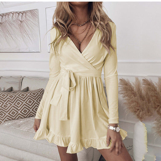 JuliaFashion-Fashion Casual Lace Up V-neck Long Sleeve Ruffles Beach Party Dress