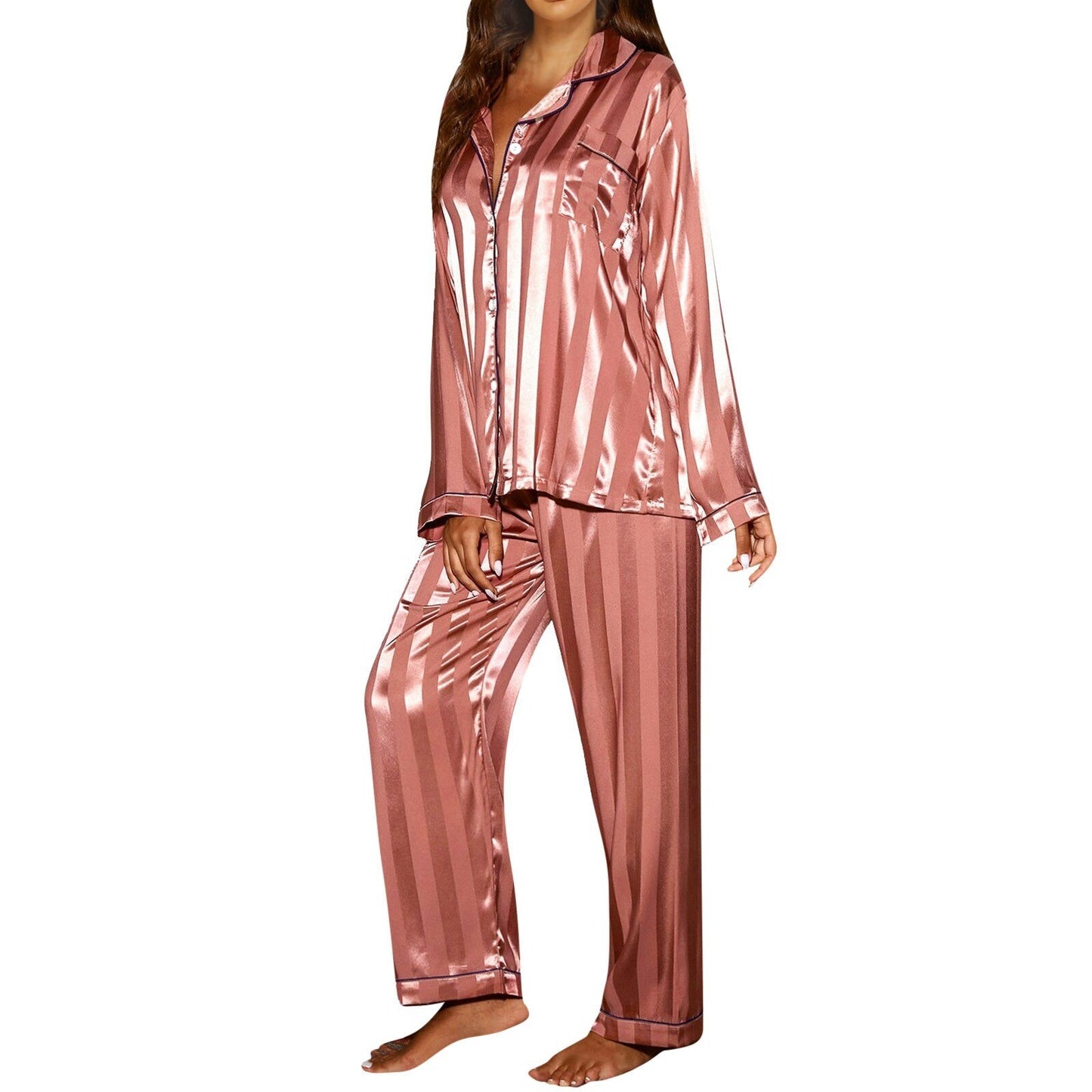 JuliaFashion-Ice Silk 2 Pieces Satin Pajamas Set Sleepwear