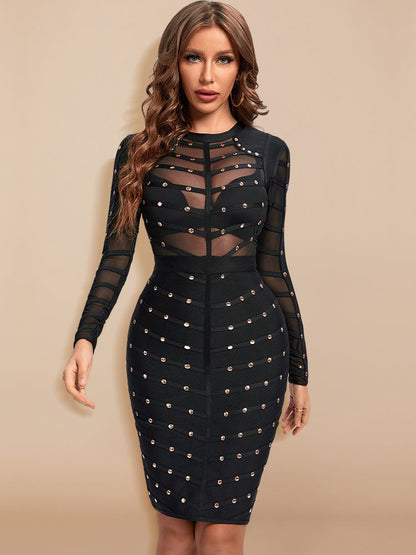 JuliaFashion-Knee Length Mesh Rivets  Bodycon See Through Elastic Dress