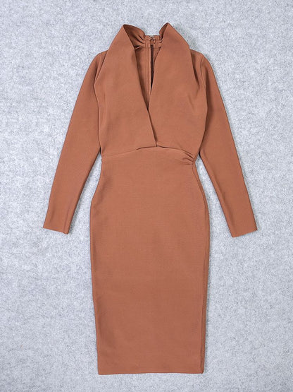 JuliaFashion-Light Brown Deep V-Neck Fabric Bodycon Dress