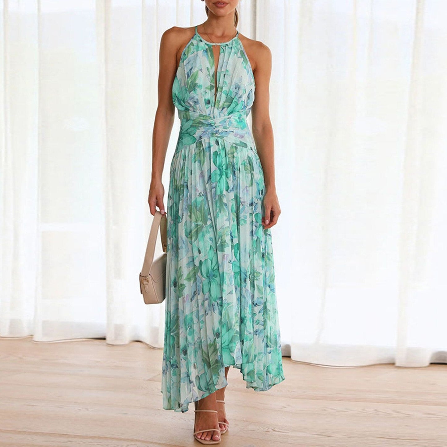 JuliaFashion - 2024 Sexy V-Neck Floral Backless Maxi Dress