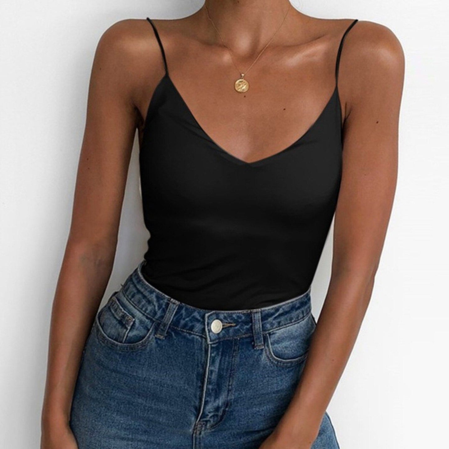 JuliaFashion-Bodycon Solid Black Summer Camisole