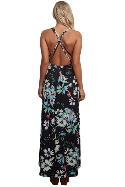 JuliaFashion-Black Floral Chiffon Spaghetti Straps Maxi Dress