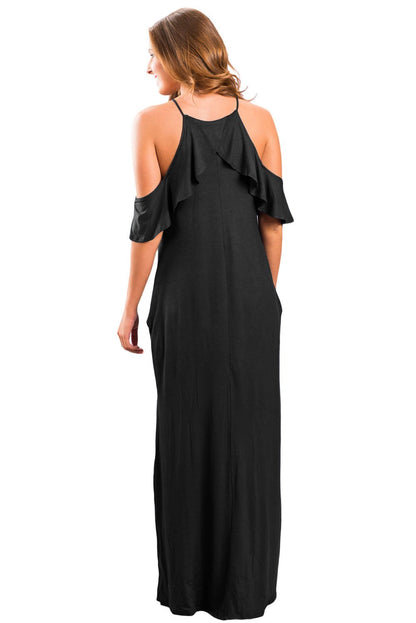 JuliaFashion-Black Ruffle Sleeve Cold Shoulder Maxi Dress