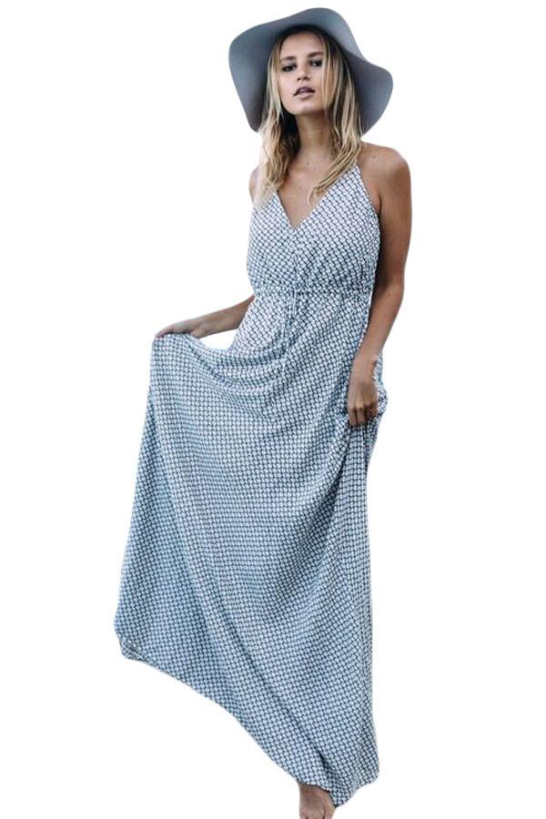 JuliaFashion-Fish Net Allover Printed Plunging Neck Maxi Dress