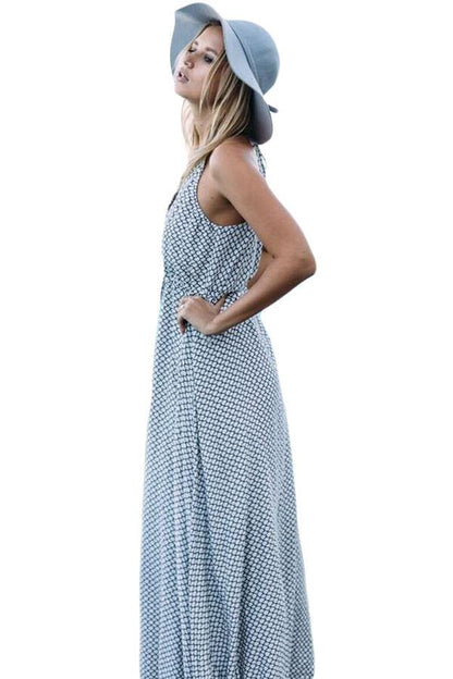 JuliaFashion-Fish Net Allover Printed Plunging Neck Maxi Dress