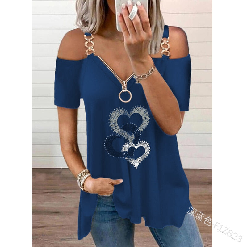 JuliaFashion - 2024 Women Summer Strap Elegant Tshirts Fashion Black Zipper V-neck Sexy Off Shoulder Y2k Tops