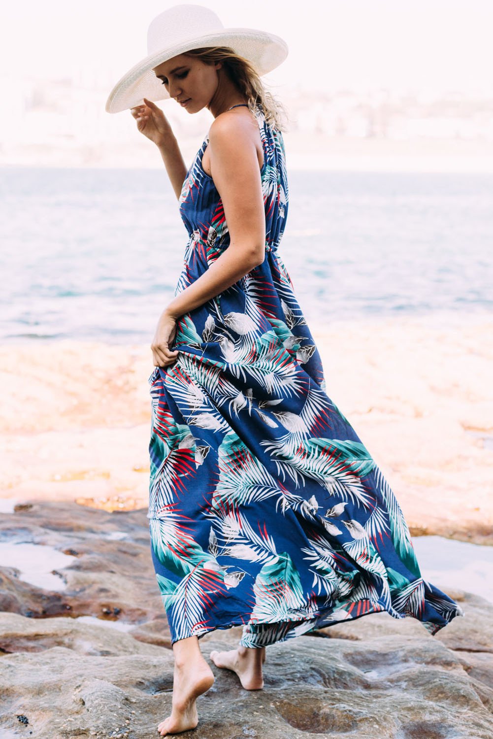 JuliaFashion-All Summer Long Palm Leaf Print Maxi Dress