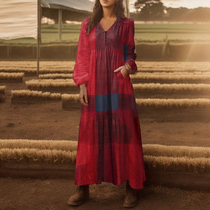 JuliaFashion-Irregular Hem Loose Plaid Maxi Dress