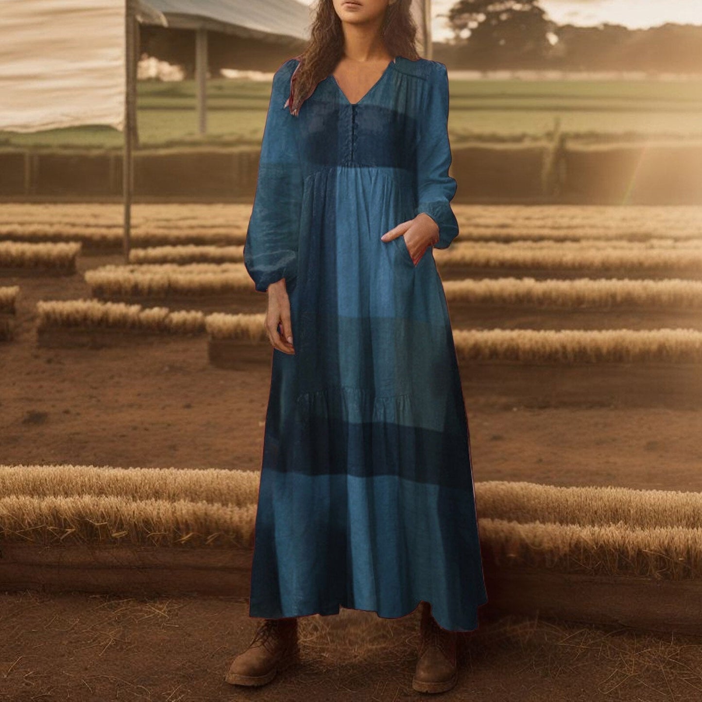 JuliaFashion-Irregular Hem Loose Plaid Maxi Dress