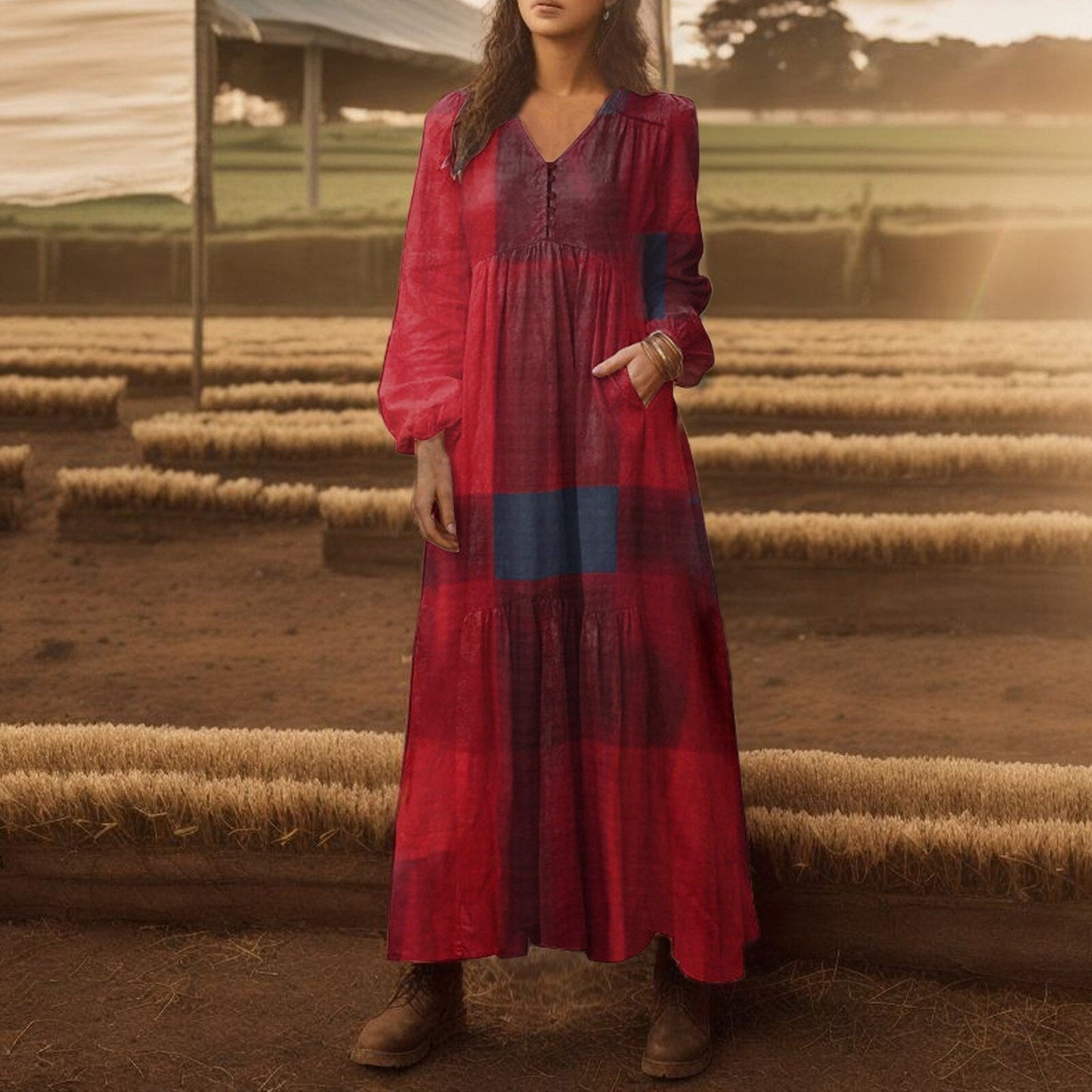 JuliaFashion-Irregular Hem Loose Plaid Maxi Dress