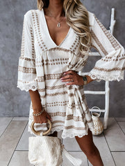 JuliaFashion - 2024 Women V-Neck Loose Striped Flare Sleeve Holiday Beach Dress