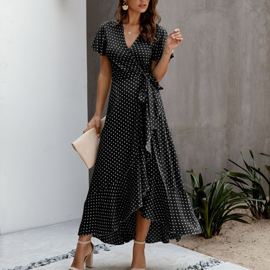 JuliaFashion-Polka Dot Chiffon V-Neck Maxi Dress