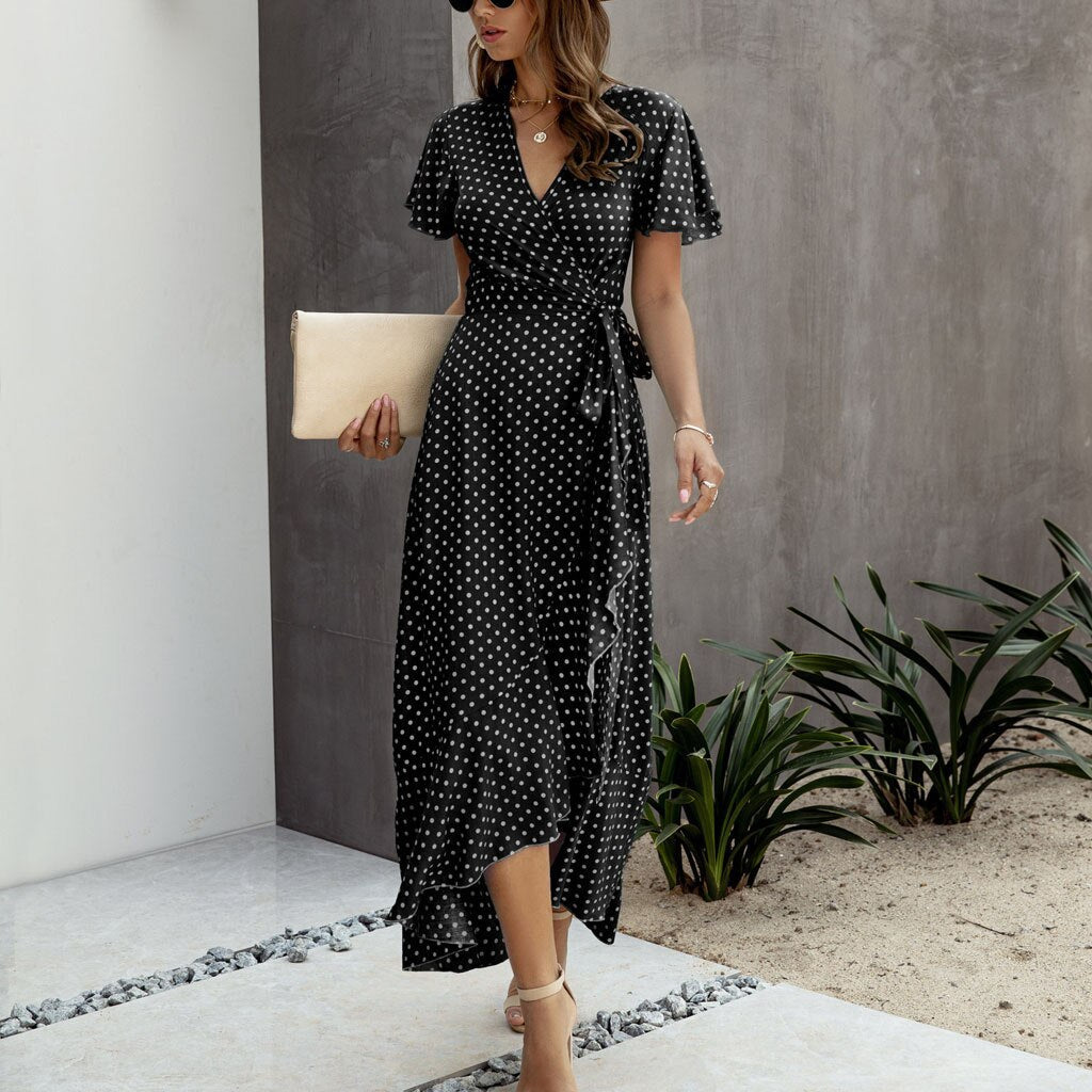 JuliaFashion-Polka Dot Chiffon V-Neck Maxi Dress