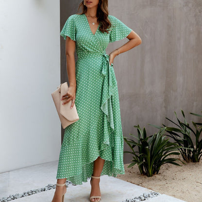 JuliaFashion-Polka Dot Chiffon V-Neck Maxi Dress