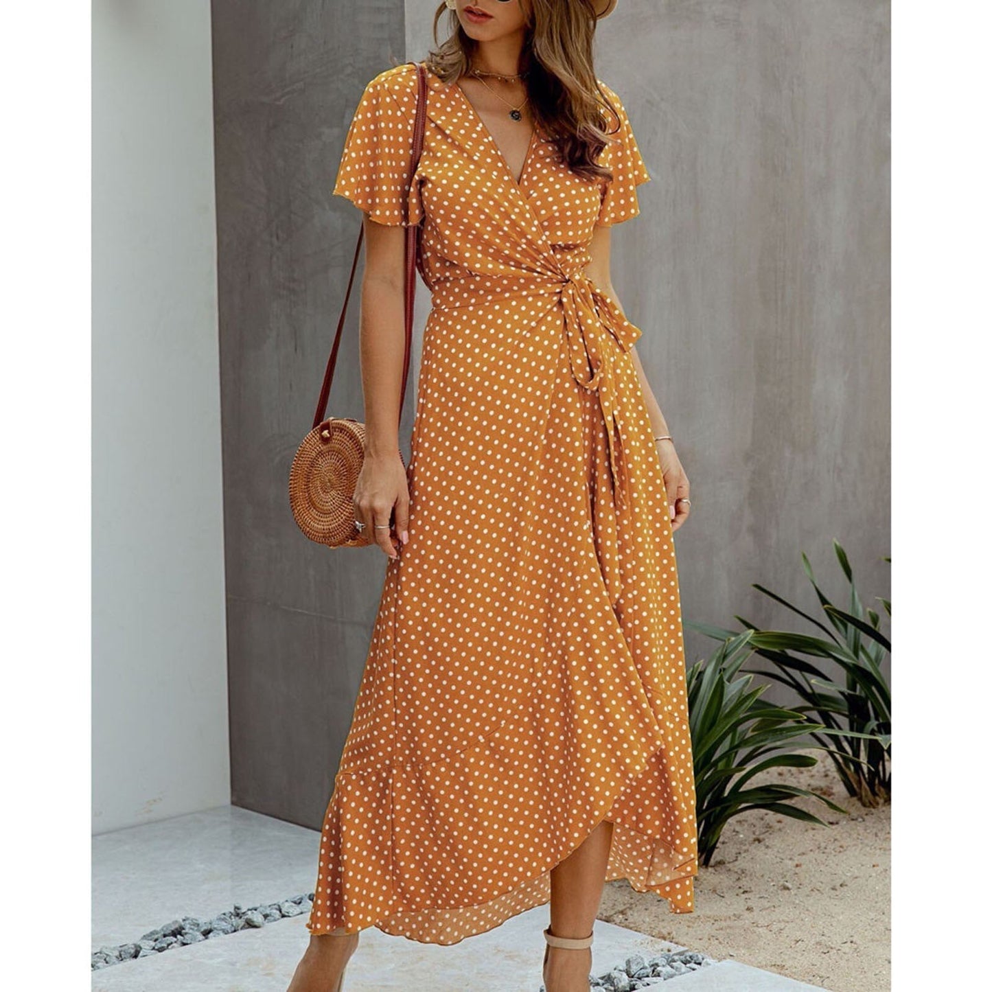 JuliaFashion-Polka Dot Chiffon V-Neck Maxi Dress