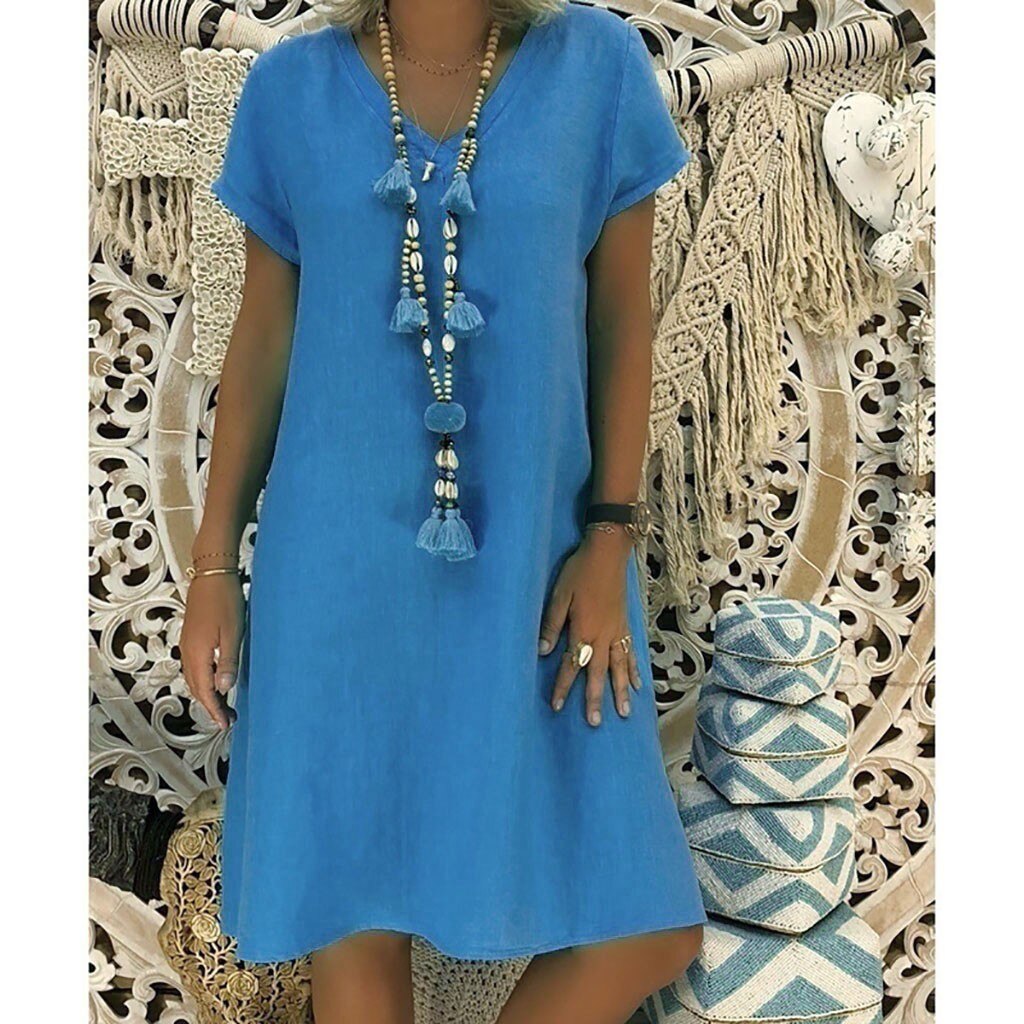 JuliaFashion-2024 Summer Boho Cotton Linen V-Neck Dress