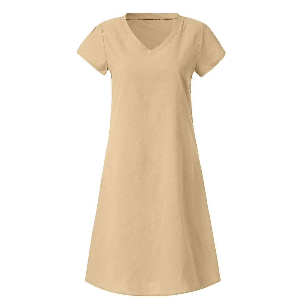 JuliaFashion-2024 Summer Boho Cotton Linen V-Neck Dress