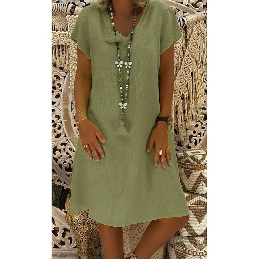 JuliaFashion-2024 Summer Boho Cotton Linen V-Neck Dress