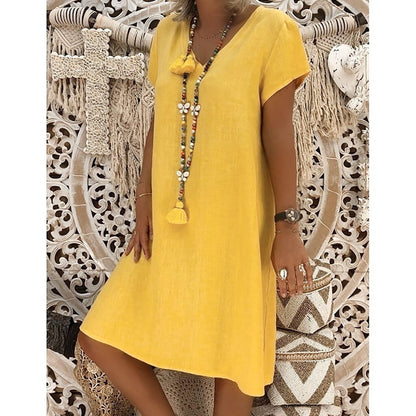 JuliaFashion-2024 Summer Boho Cotton Linen V-Neck Dress