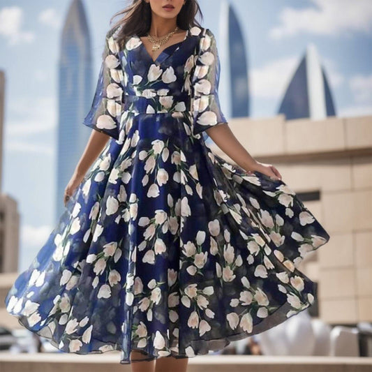 JuliaFashion-Floral Print Boho Wrap Holiday Dress