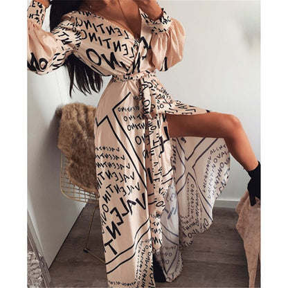 JuliaFashion-Empire V-Neck Long Splits Boho Dress